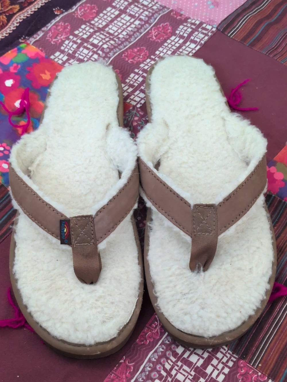 Rainbow Cream Shearling Thong Sandals with Tan Straps